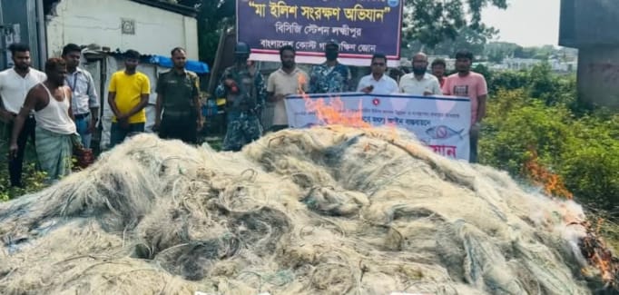 নিষেধাজ্ঞা অমান্য করে মেঘনায় ইলিশ শিকার, লক্ষ্মীপুরে জব্দ দেড় লাখ মিটার জাল